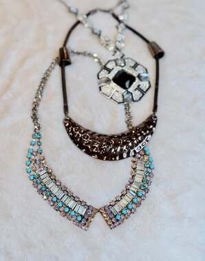 3-Piece Statement Necklace Set | Rhinestone Bib, Bronze Collar & Art Deco Pendan